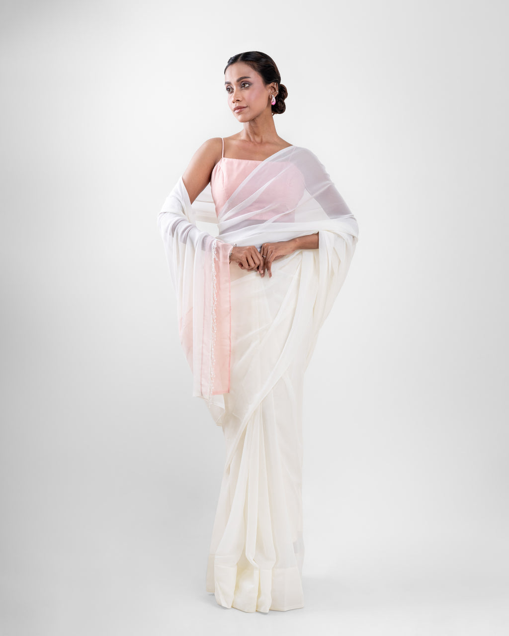 Ivory Georgette Saree with Blush Pink Panel & Drop Lace Border with Self Blouse Piece