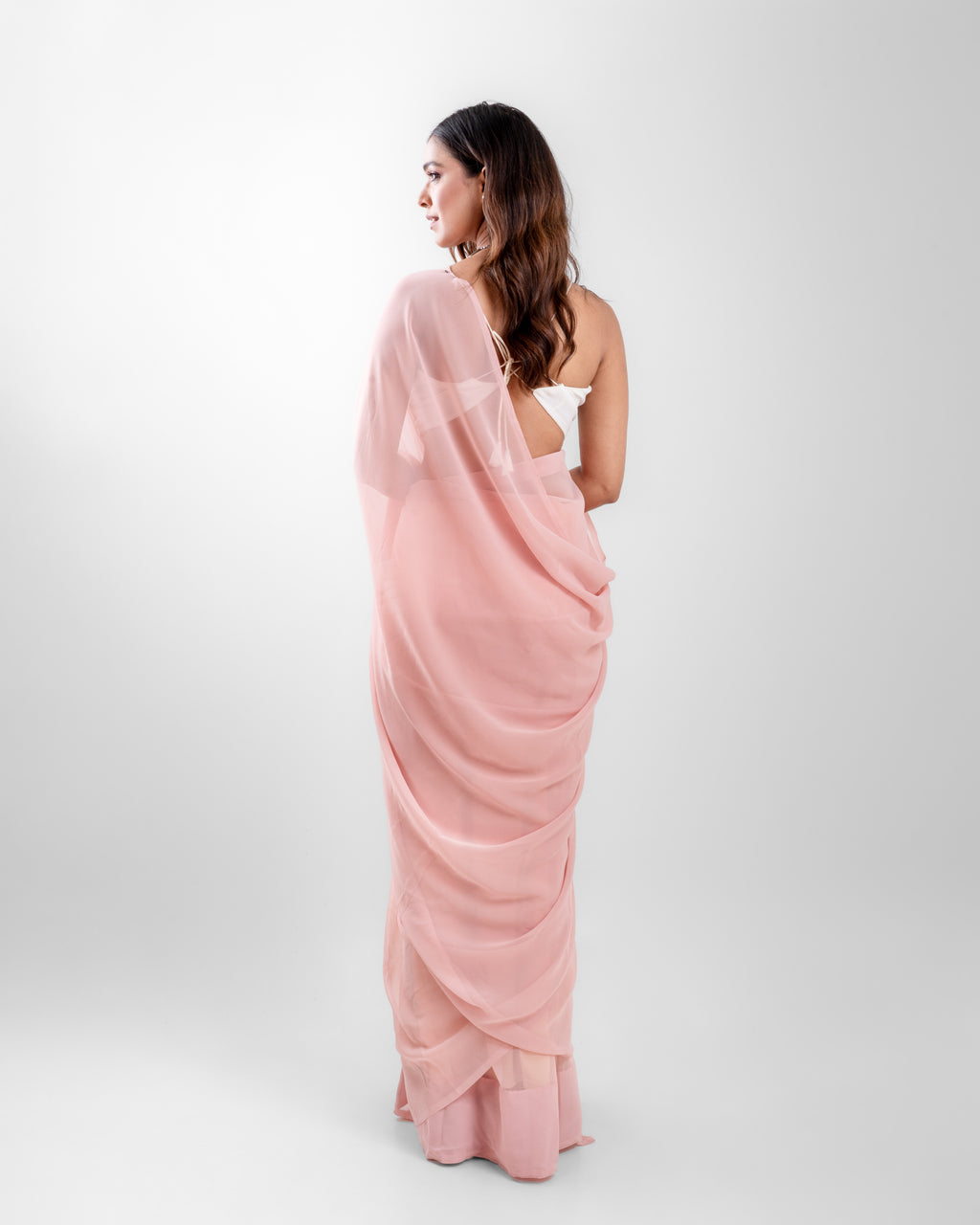 Blush Pink Georgette Saree with Ivory Panel & Drop Lace Border with Self Blouse Piece