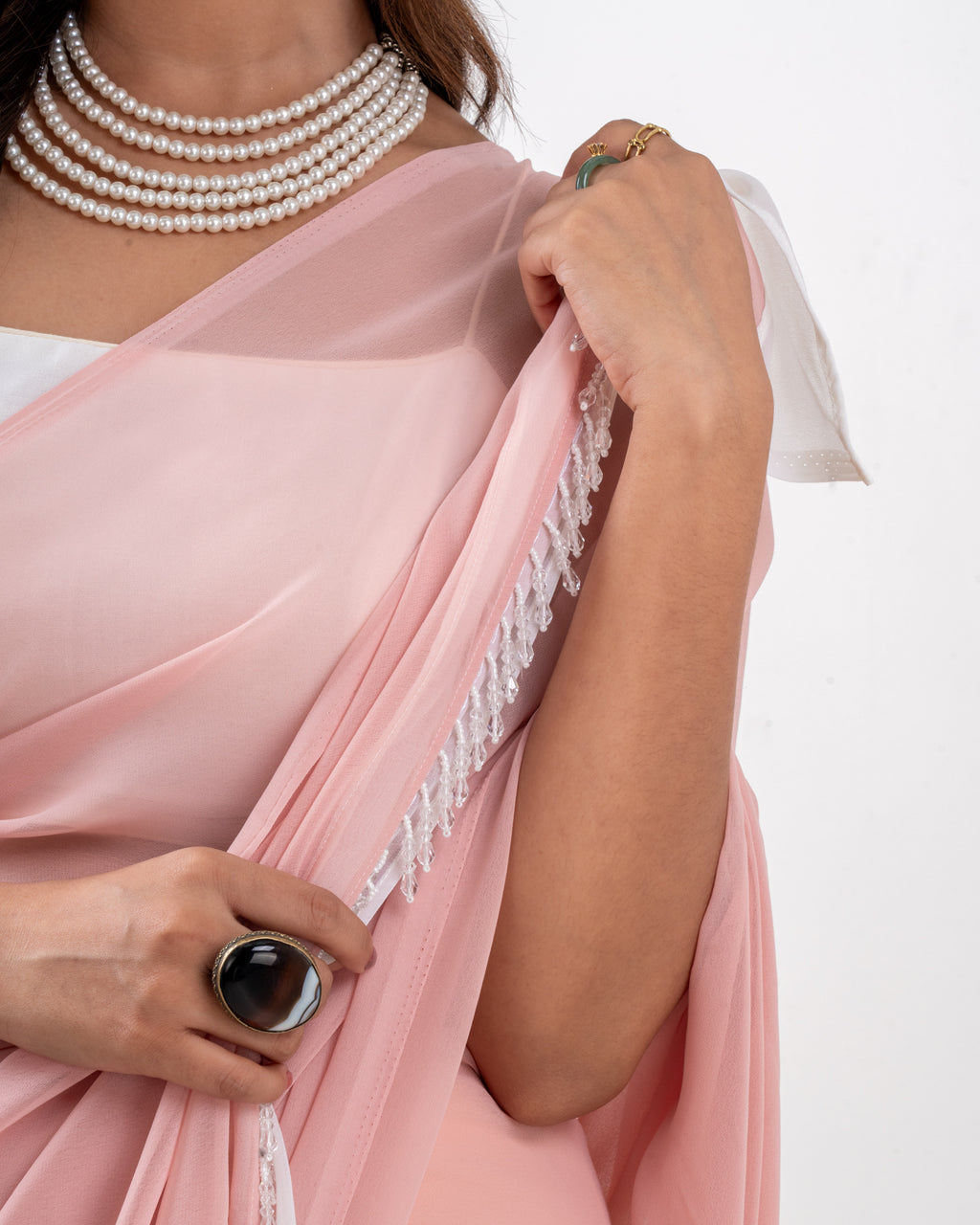 Blush Pink Georgette Saree with Ivory Panel & Drop Lace Border with Self Blouse Piece