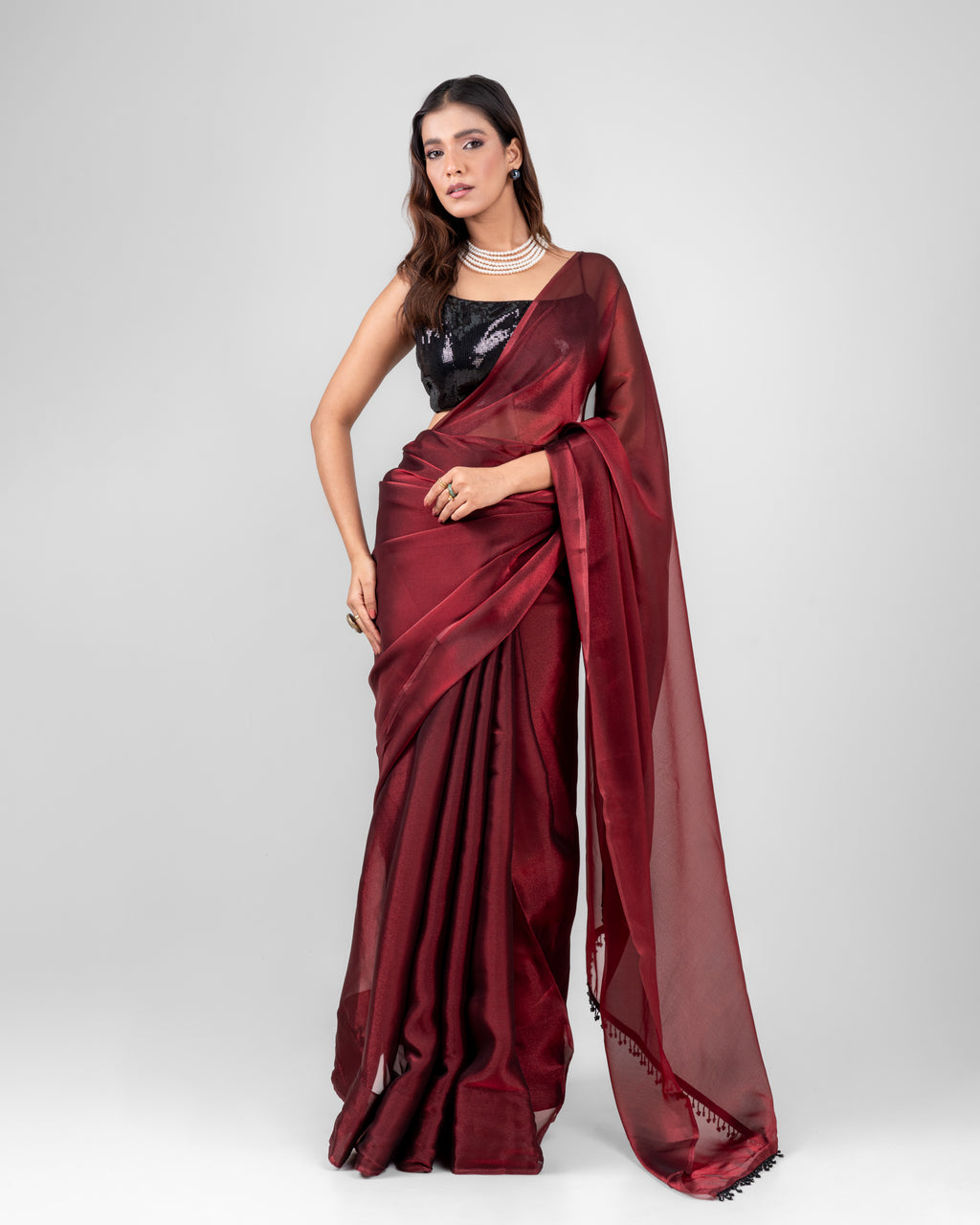 Wine Iconic Chiffon Saree with Handcrafted Black Lace and Matching Blouse Piece