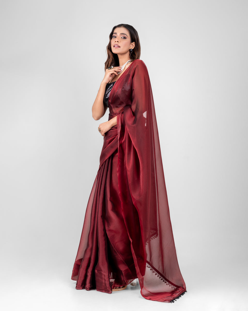 Wine Iconic Chiffon Saree with Handcrafted Black Lace and Matching Blouse Piece