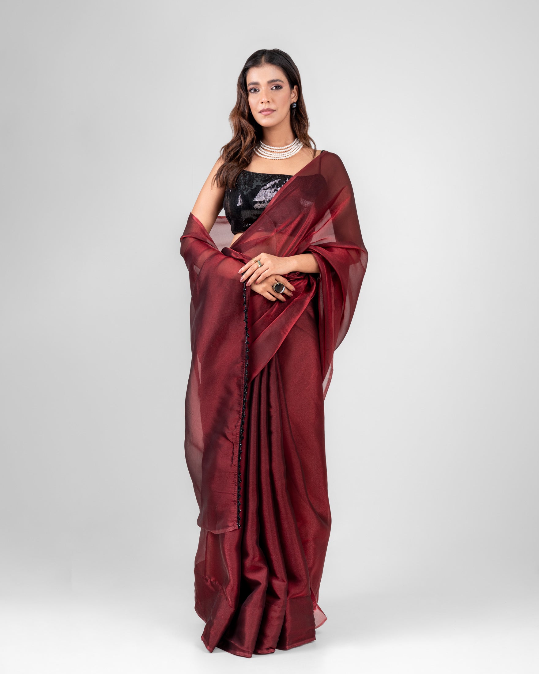 Wine Iconic Chiffon Saree with Handcrafted Black Lace and Matching Blouse Piece