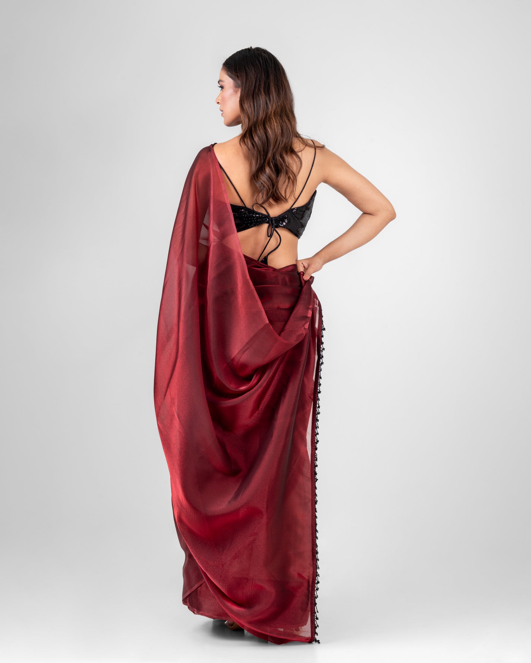 Wine Iconic Chiffon Saree with Handcrafted Black Lace and Matching Blouse Piece