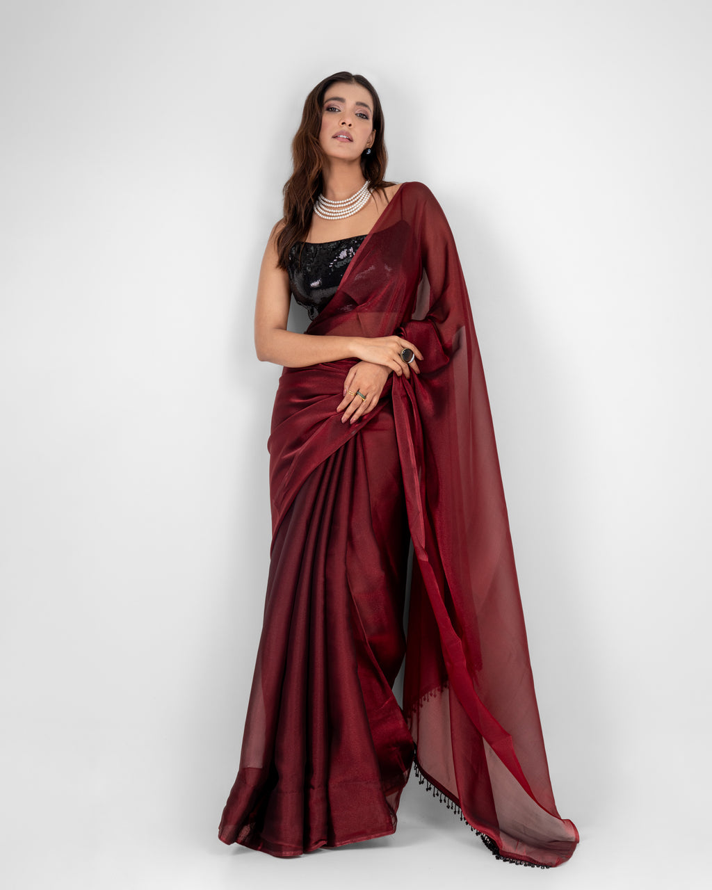 Wine Iconic Chiffon Saree with Handcrafted Black Lace and Matching Blouse Piece
