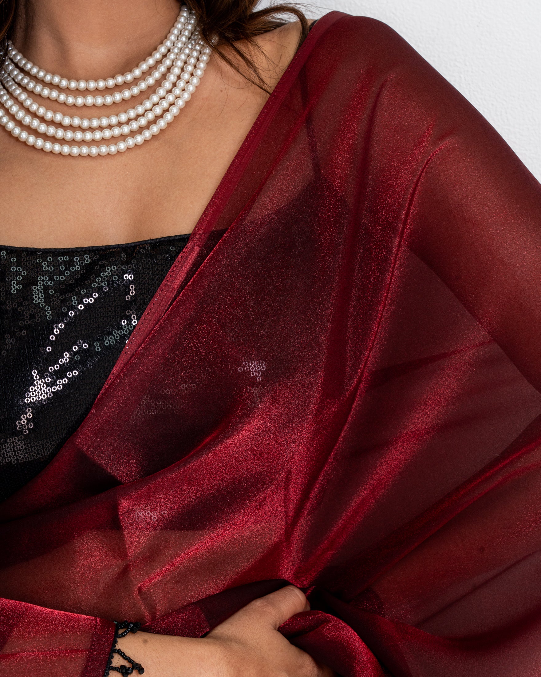 Wine Iconic Chiffon Saree with Handcrafted Black Lace and Matching Blouse Piece