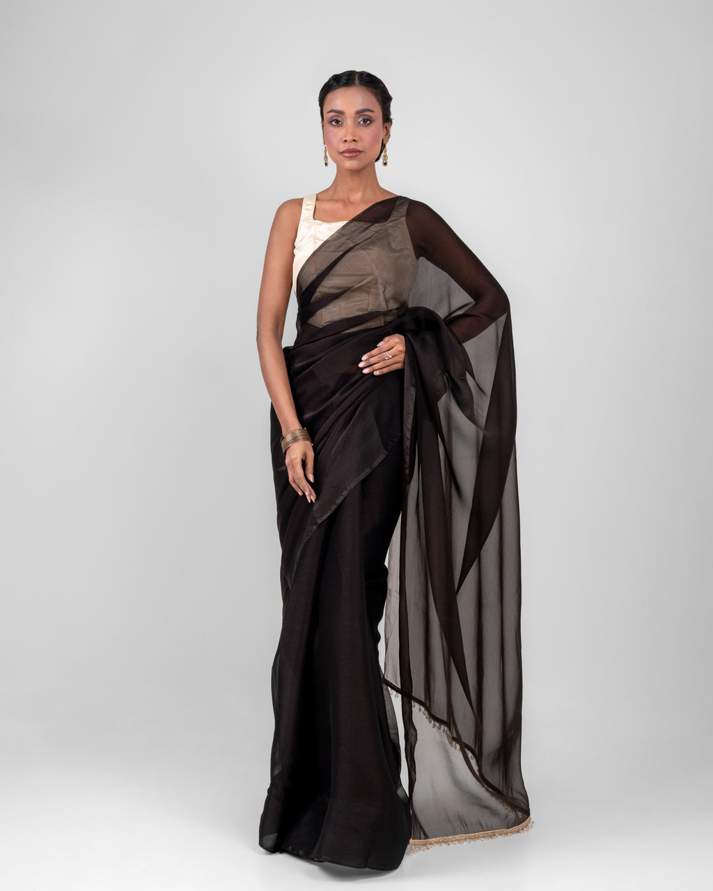Classic Black Iconic Chiffon Saree with Handcrafted Crystal Lace and Matching Blouse Piece