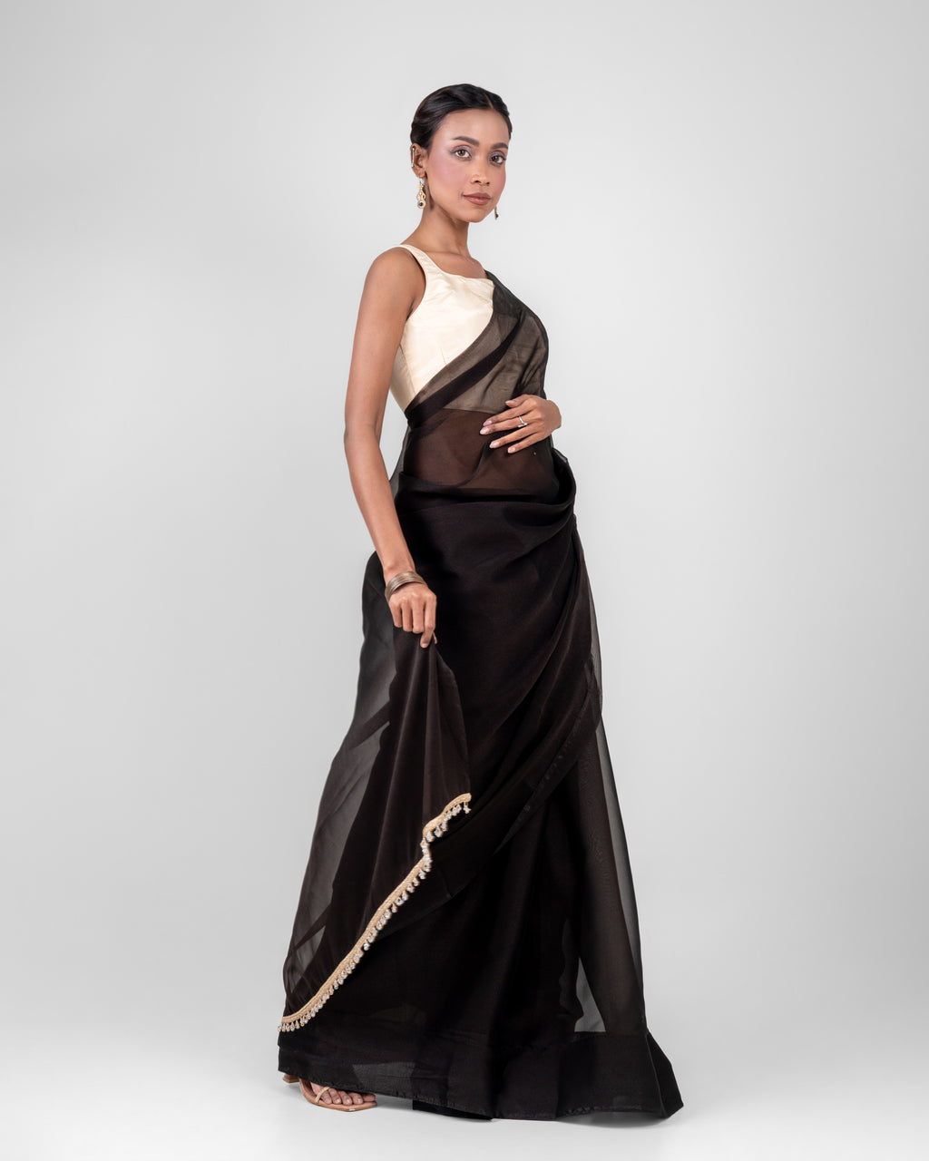 Classic Black Iconic Chiffon Saree with Handcrafted Crystal Lace and Matching Blouse Piece