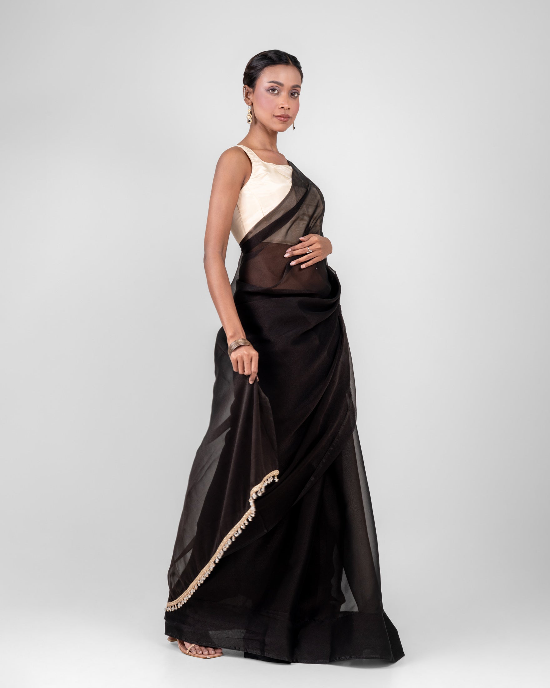 Classic Black Iconic Chiffon Saree with Handcrafted Crystal Lace and Matching Blouse Piece