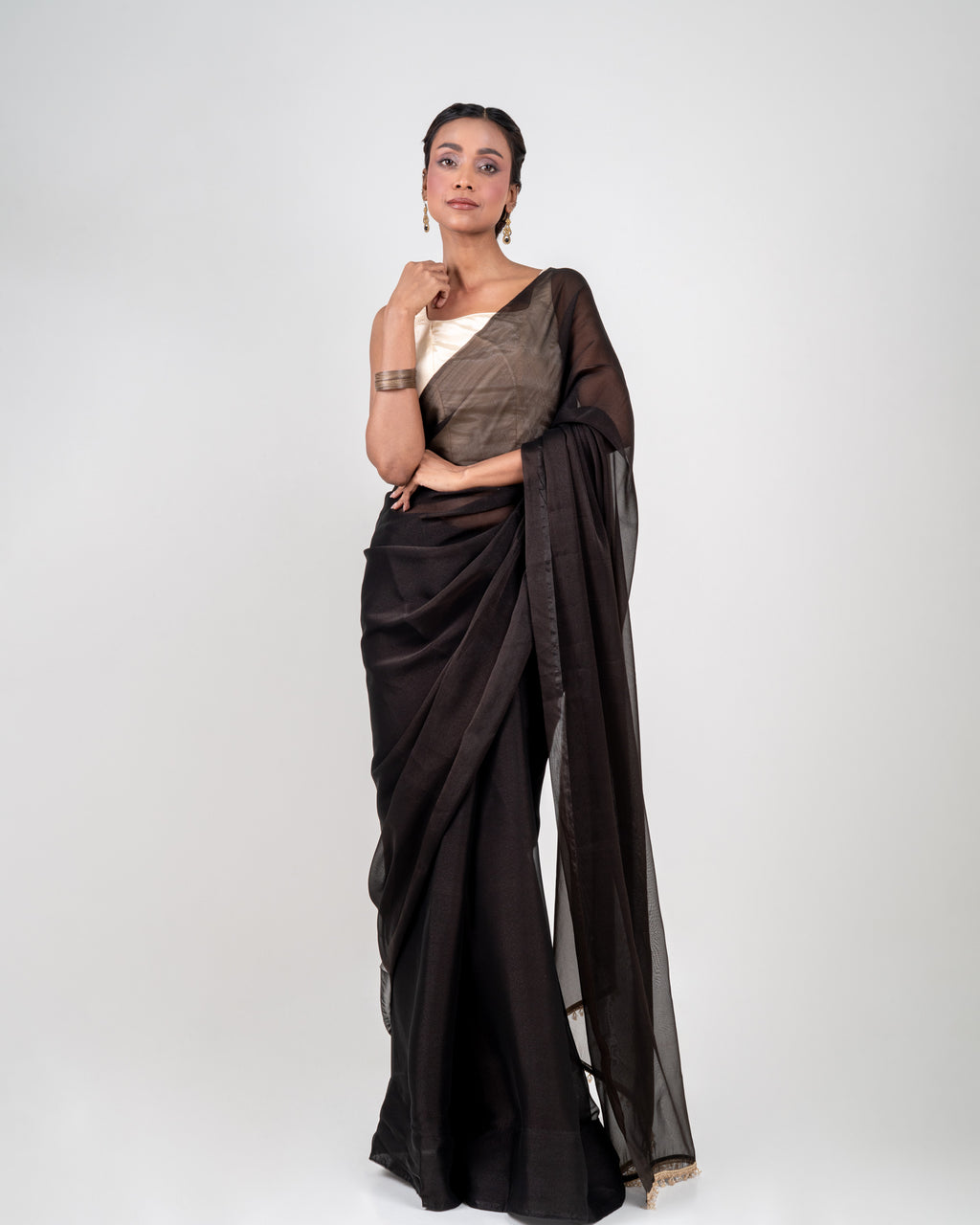 Classic Black Iconic Chiffon Saree with Handcrafted Crystal Lace and Matching Blouse Piece
