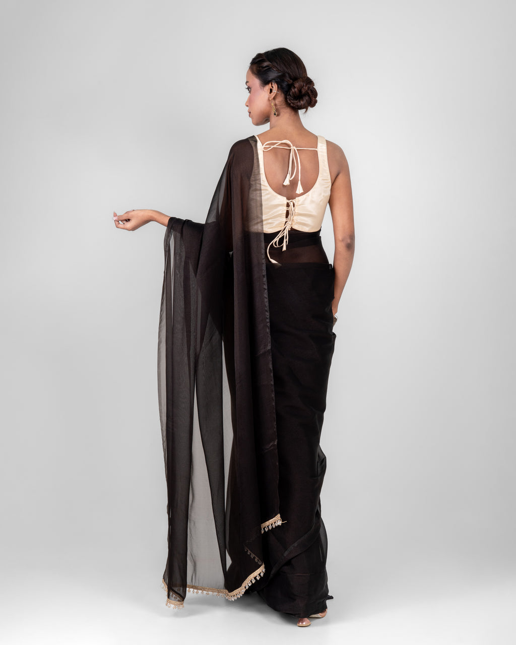 Classic Black Iconic Chiffon Saree with Handcrafted Crystal Lace and Matching Blouse Piece