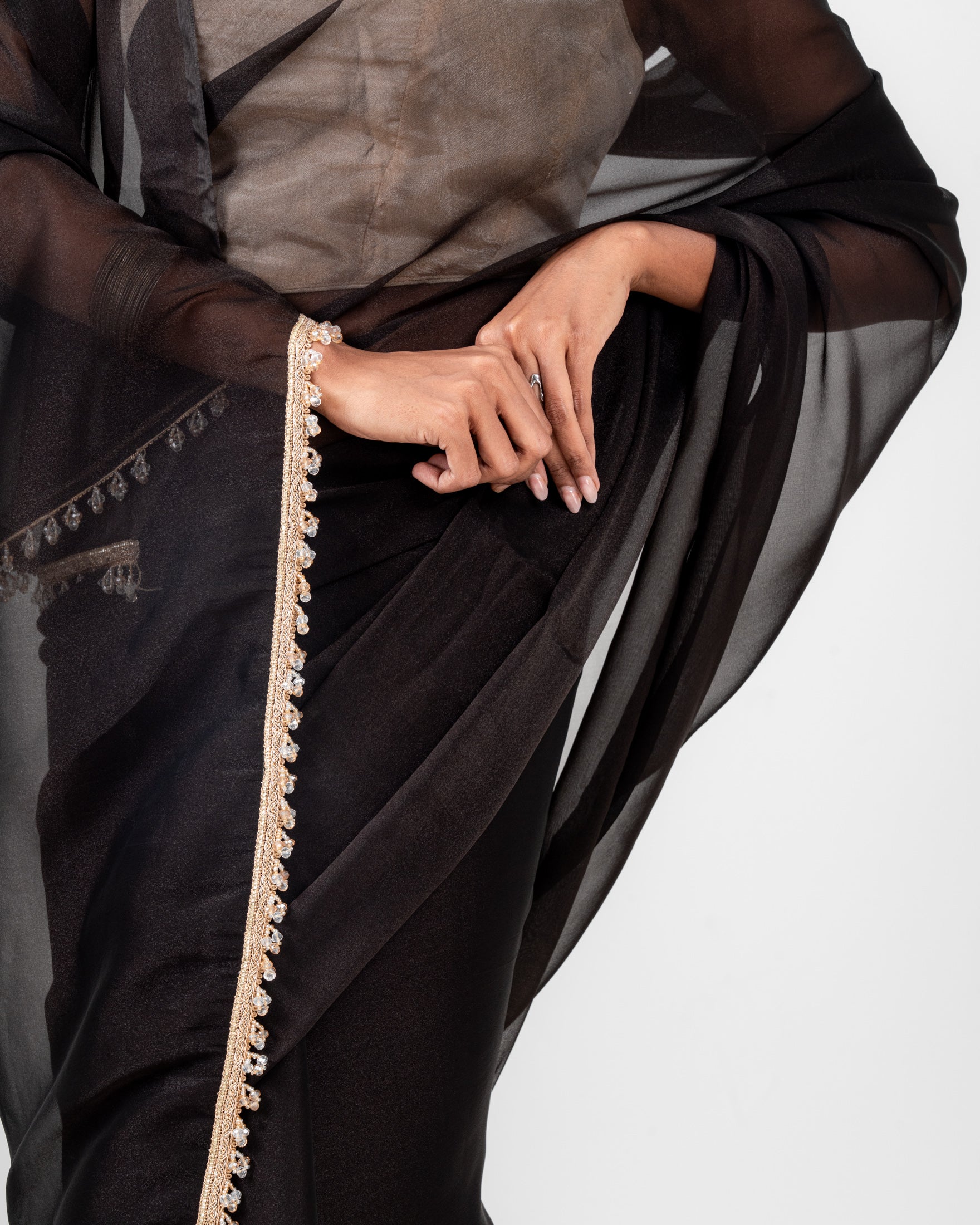 Classic Black Iconic Chiffon Saree with Handcrafted Crystal Lace and Matching Blouse Piece