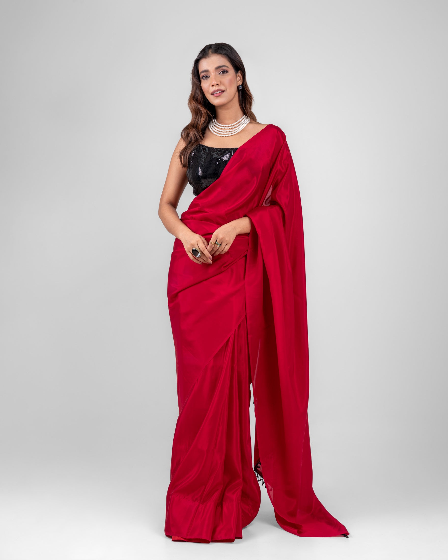 Ruby Red Silk Blend Saree with Handcrafted Black Lace and Matching Blouse Piece