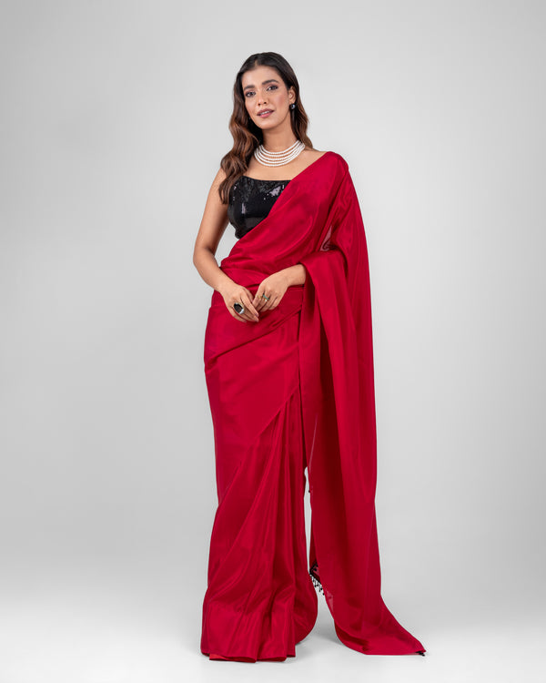 Ruby Red Silk Blend Saree with Handcrafted Black Lace and Matching Blouse Piece | Fall & Pico Ready