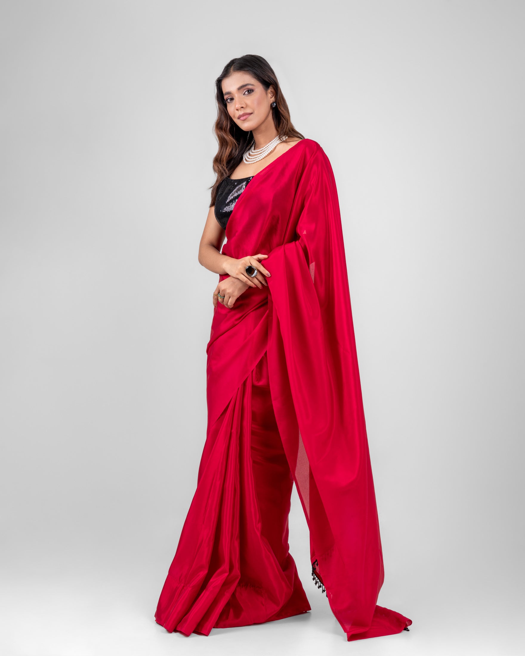 Ruby Red Silk Blend Saree with Handcrafted Black Lace and Matching Blouse Piece