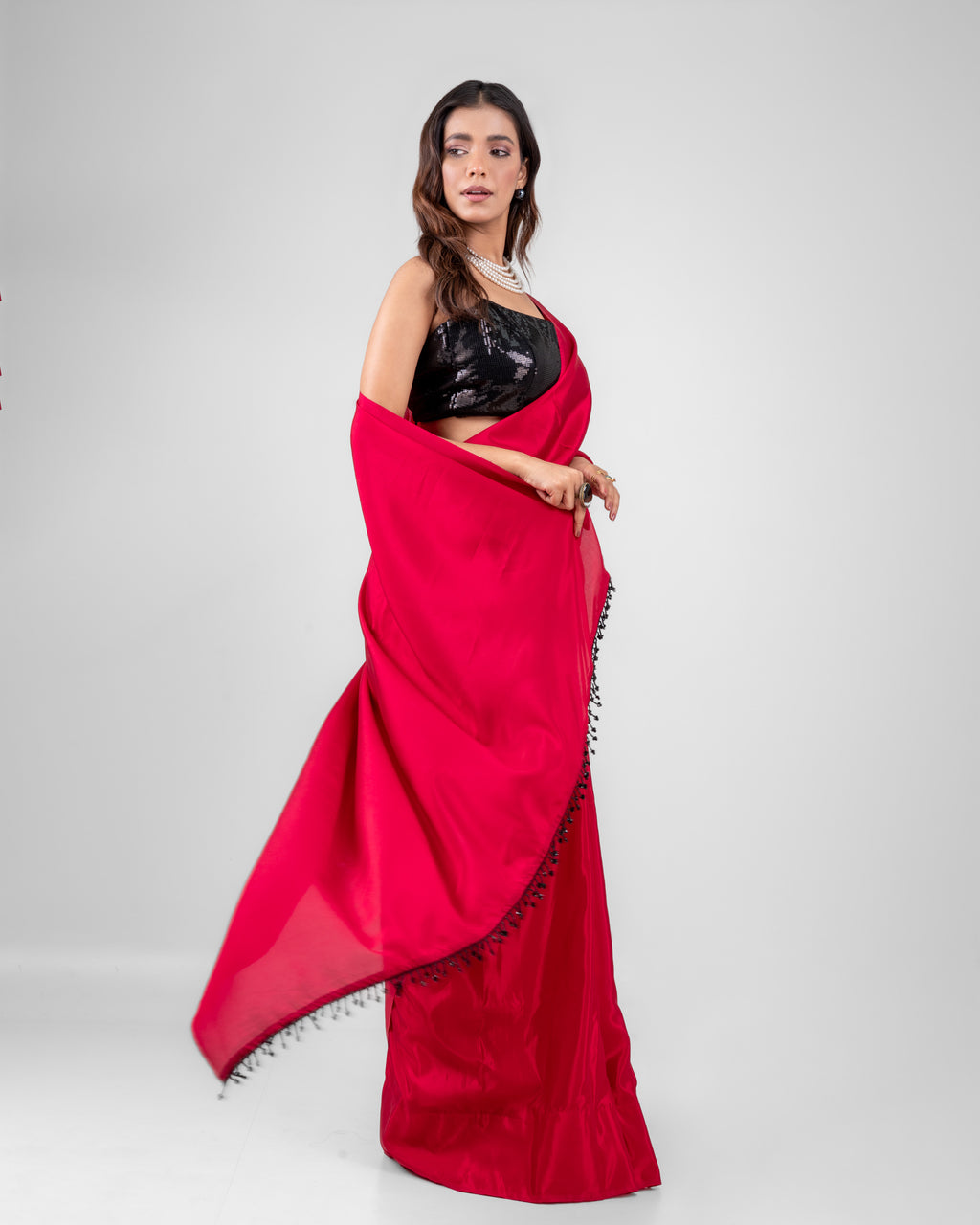 Ruby Red Silk Blend Saree with Handcrafted Black Lace and Matching Blouse Piece
