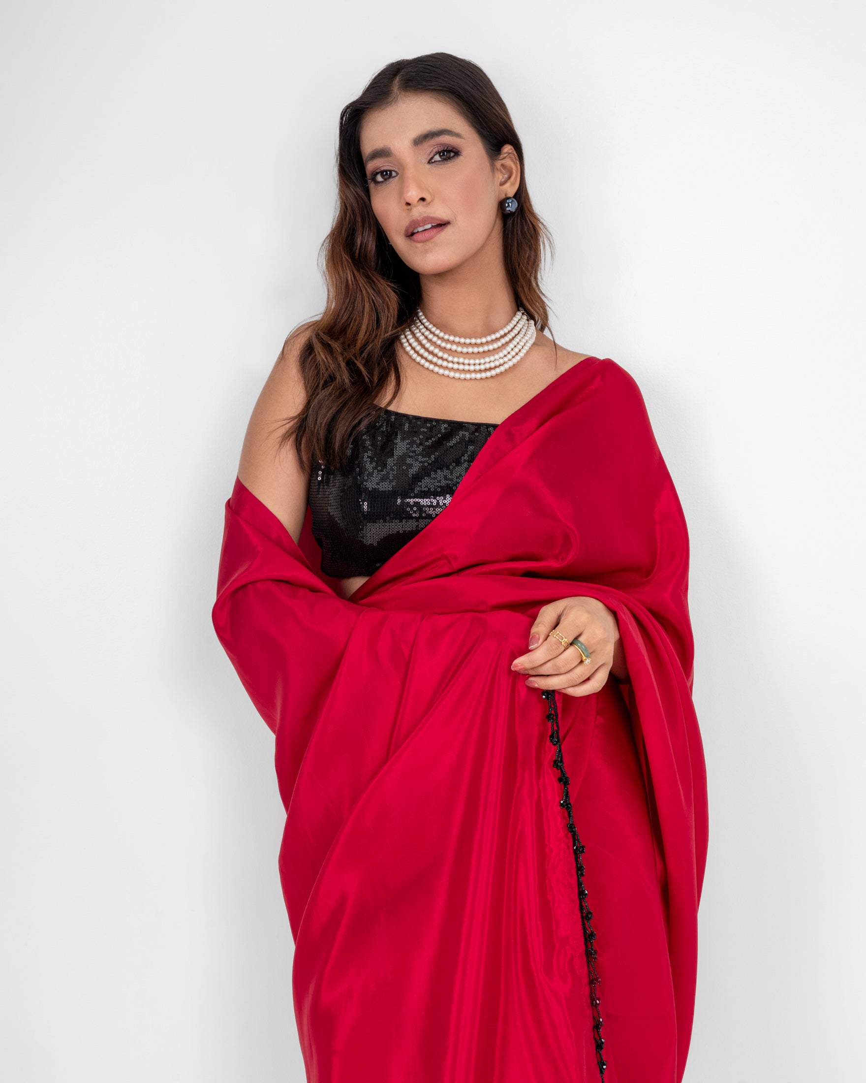 Ruby Red Silk Blend Saree with Handcrafted Black Lace and Matching Blouse Piece