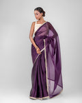 Royal Purple Sheer Organza Saree with Embroidered Lace and Matching Blouse Piece