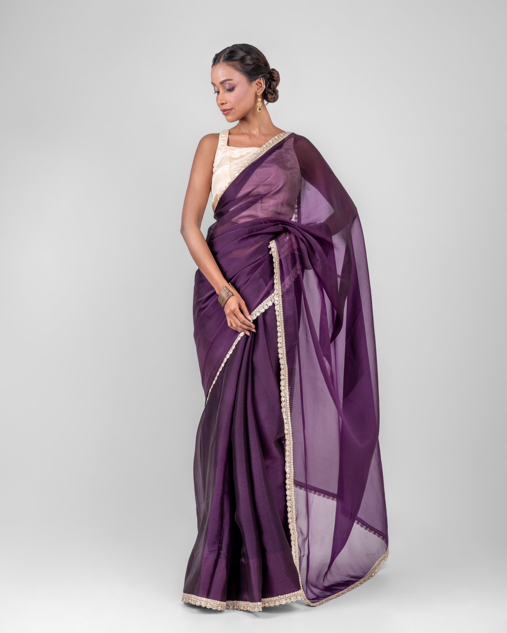 Royal Purple Sheer Organza Saree with Embroidered Lace and Matching Blouse Piece
