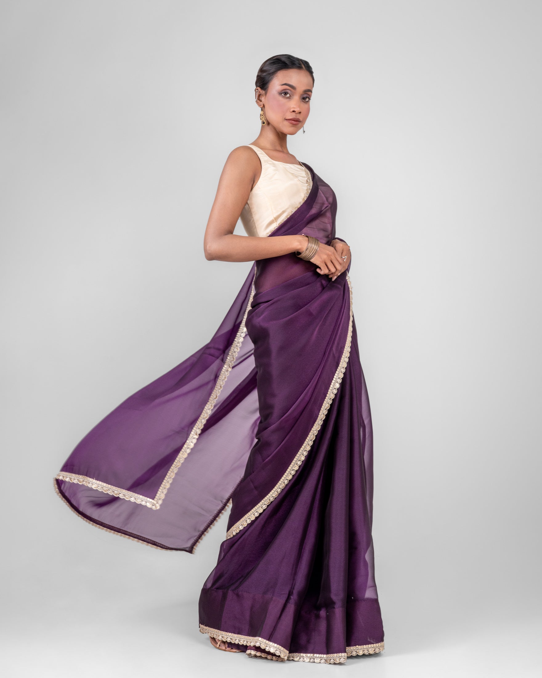 Royal Purple Sheer Organza Saree with Embroidered Lace and Matching Blouse Piece