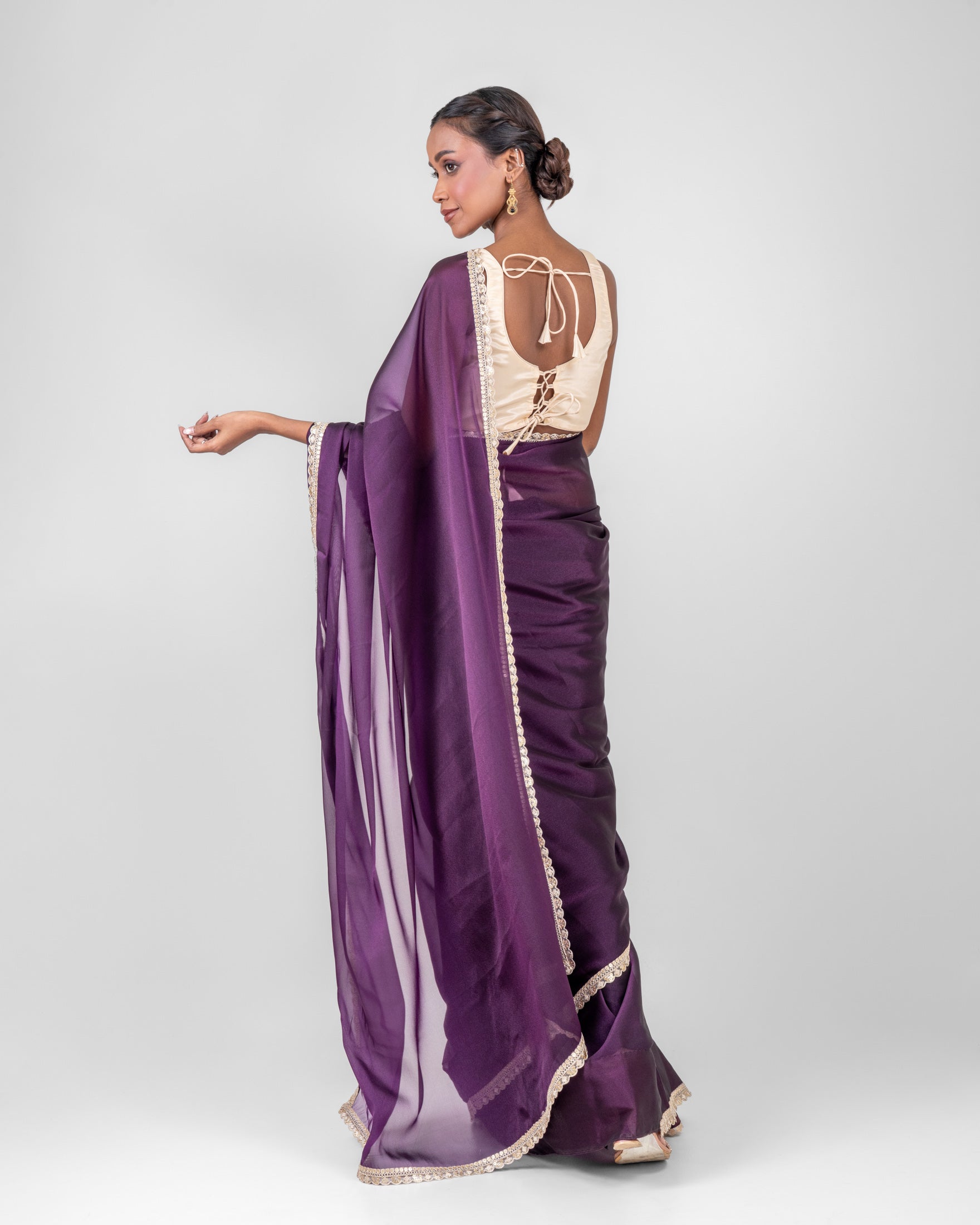 Royal Purple Sheer Organza Saree with Embroidered Lace and Matching Blouse Piece