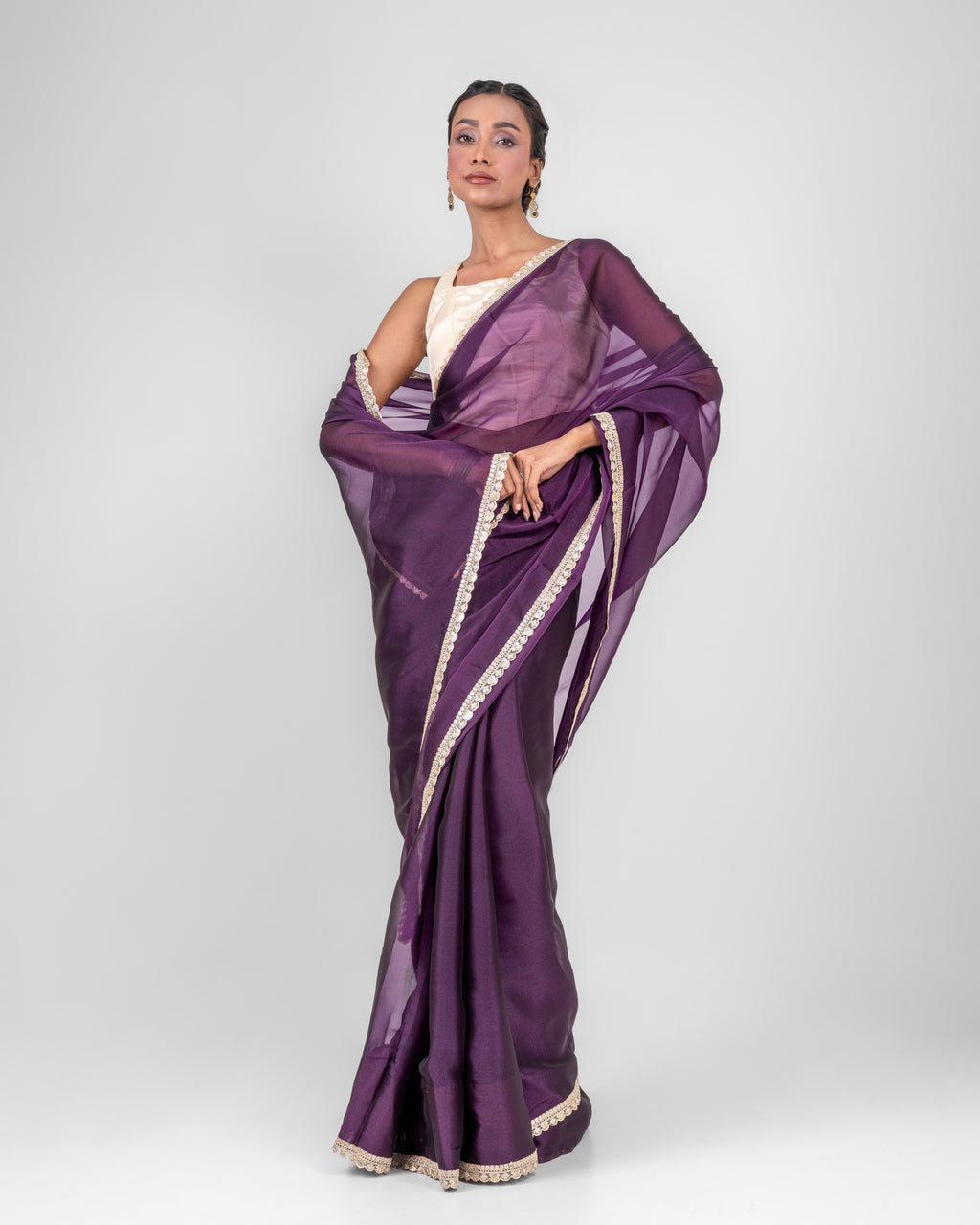 Royal Purple Sheer Organza Saree with Embroidered Lace and Matching Blouse Piece