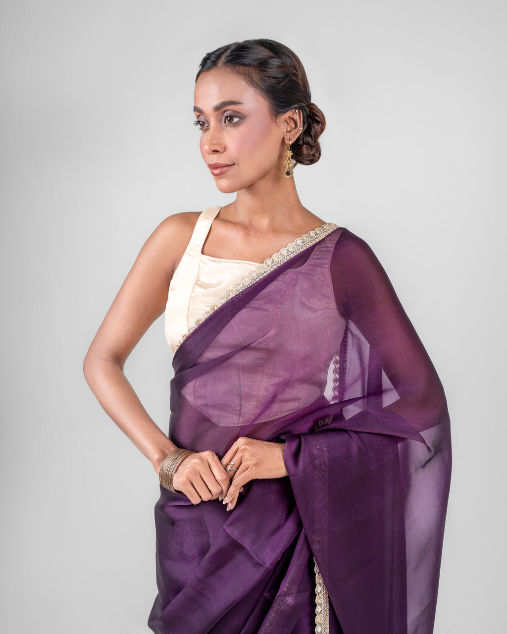 Royal Purple Sheer Organza Saree with Embroidered Lace and Matching Blouse Piece