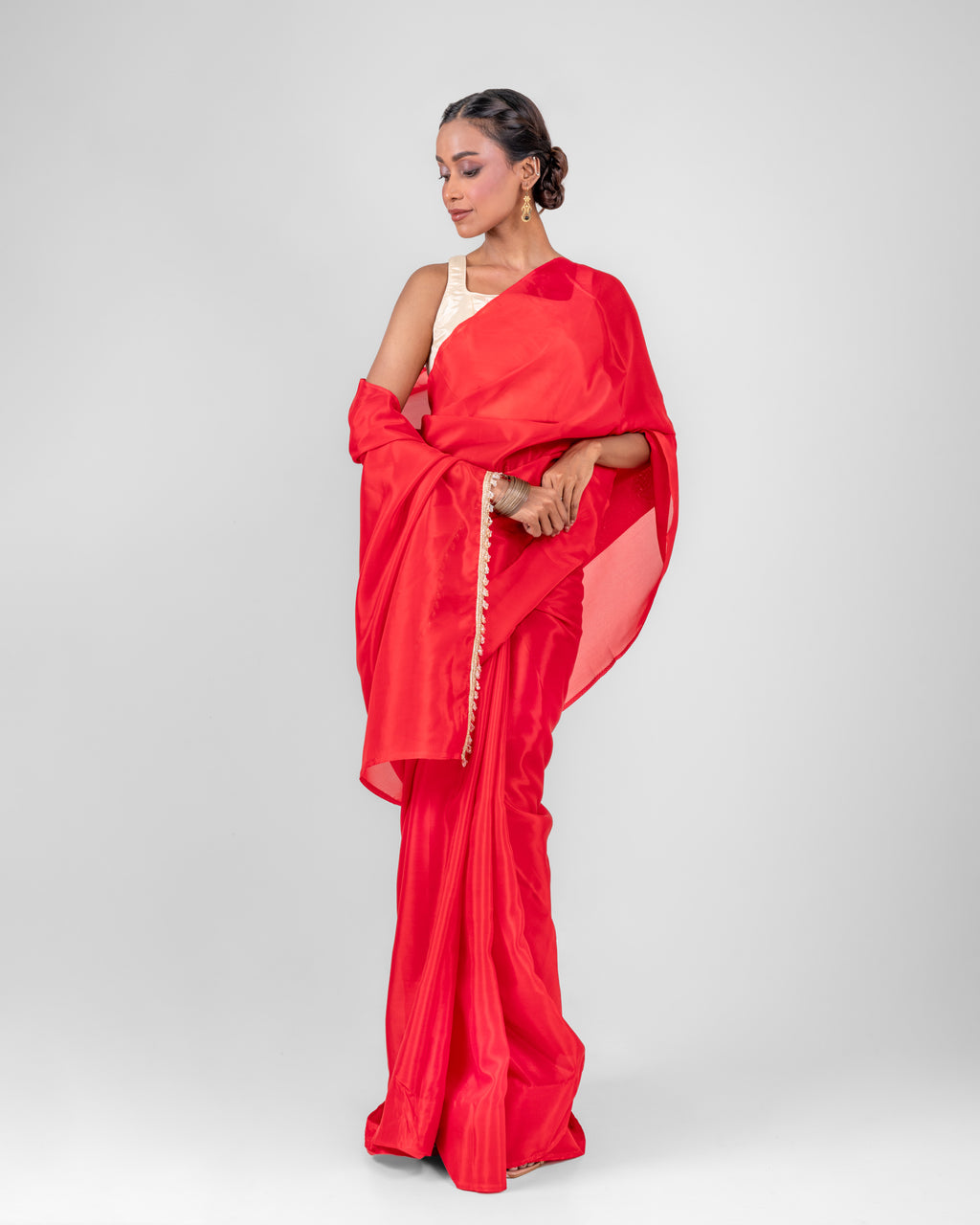 Scarlet Red Silk Blend Saree with Handcrafted Pearl Lace and Matching Blouse Piece