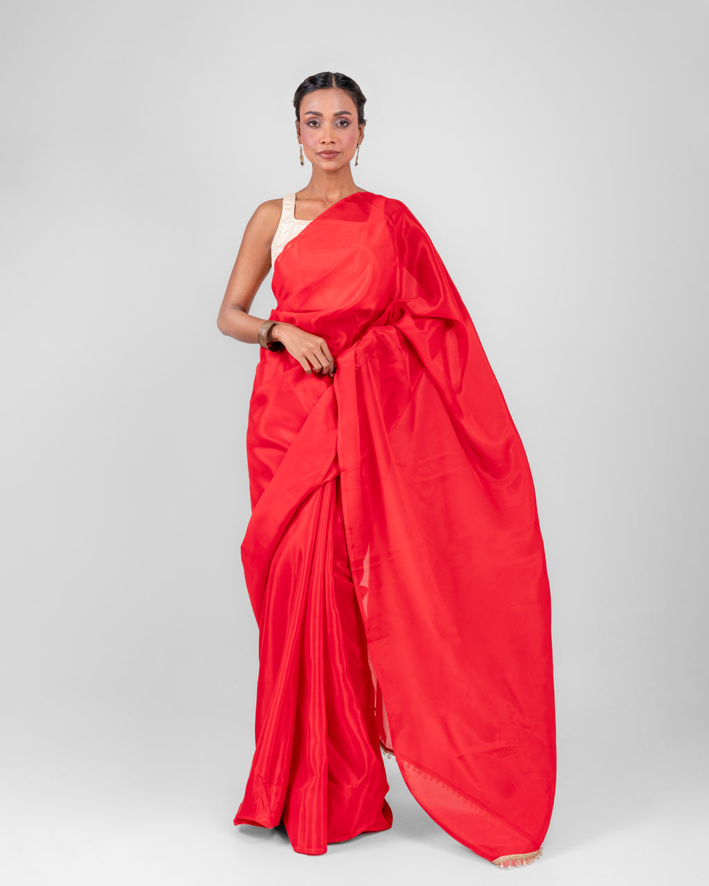 Scarlet Red Silk Blend Saree with Handcrafted Pearl Lace and Matching Blouse Piece