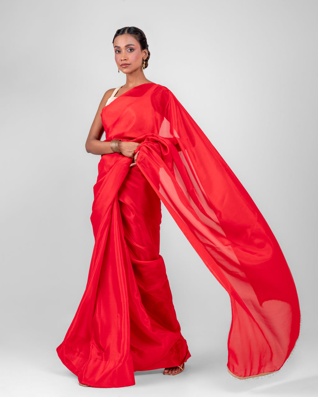 Scarlet Red Silk Blend Saree with Handcrafted Pearl Lace and Matching Blouse Piece