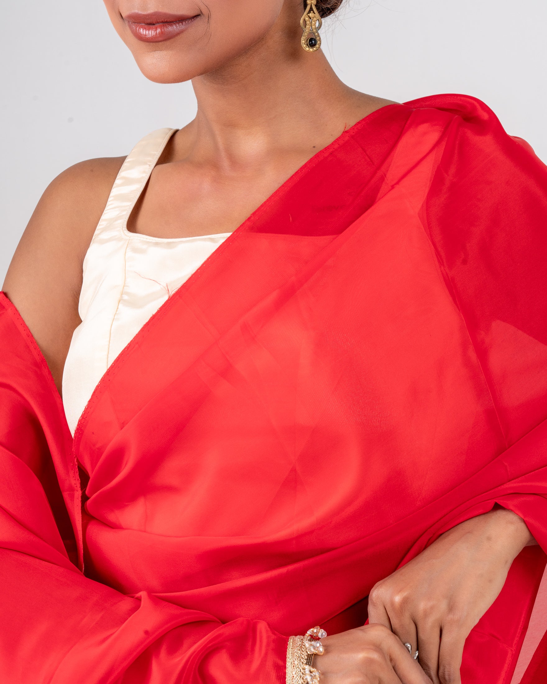 Scarlet Red Silk Blend Saree with Handcrafted Pearl Lace and Matching Blouse Piece