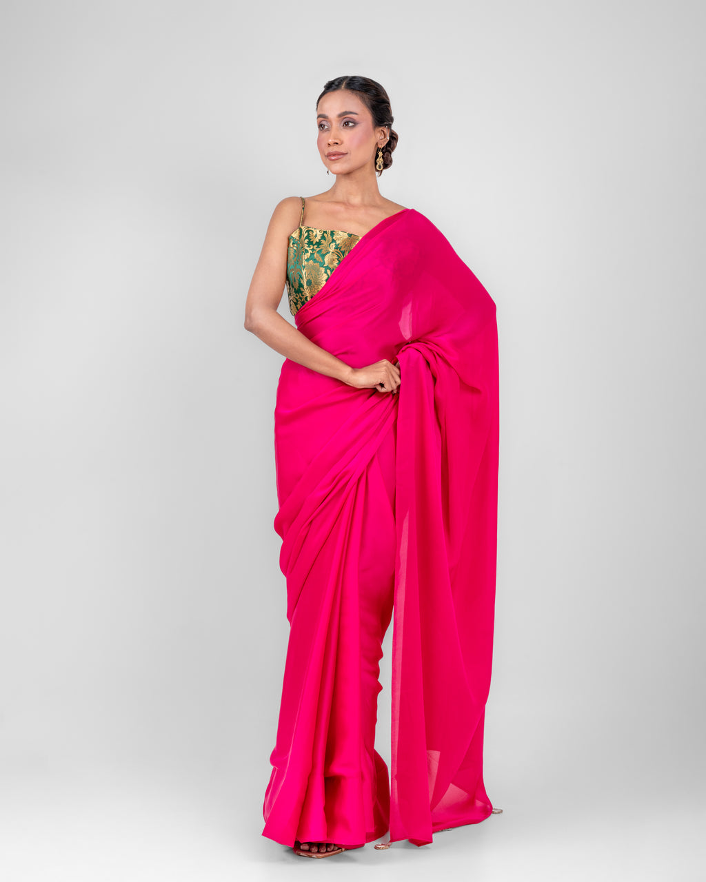 Hot Pink Satin Saree with Handcrafted Mirror Tassels and Matching Satin Blouse Piece