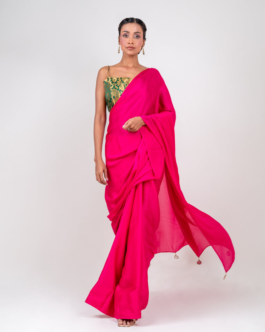 Hot Pink Satin Saree with Handcrafted Mirror Tassels and Matching Satin Blouse Piece