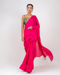 Hot Pink Satin Saree with Handcrafted Mirror Tassels and Matching Satin Blouse Piece