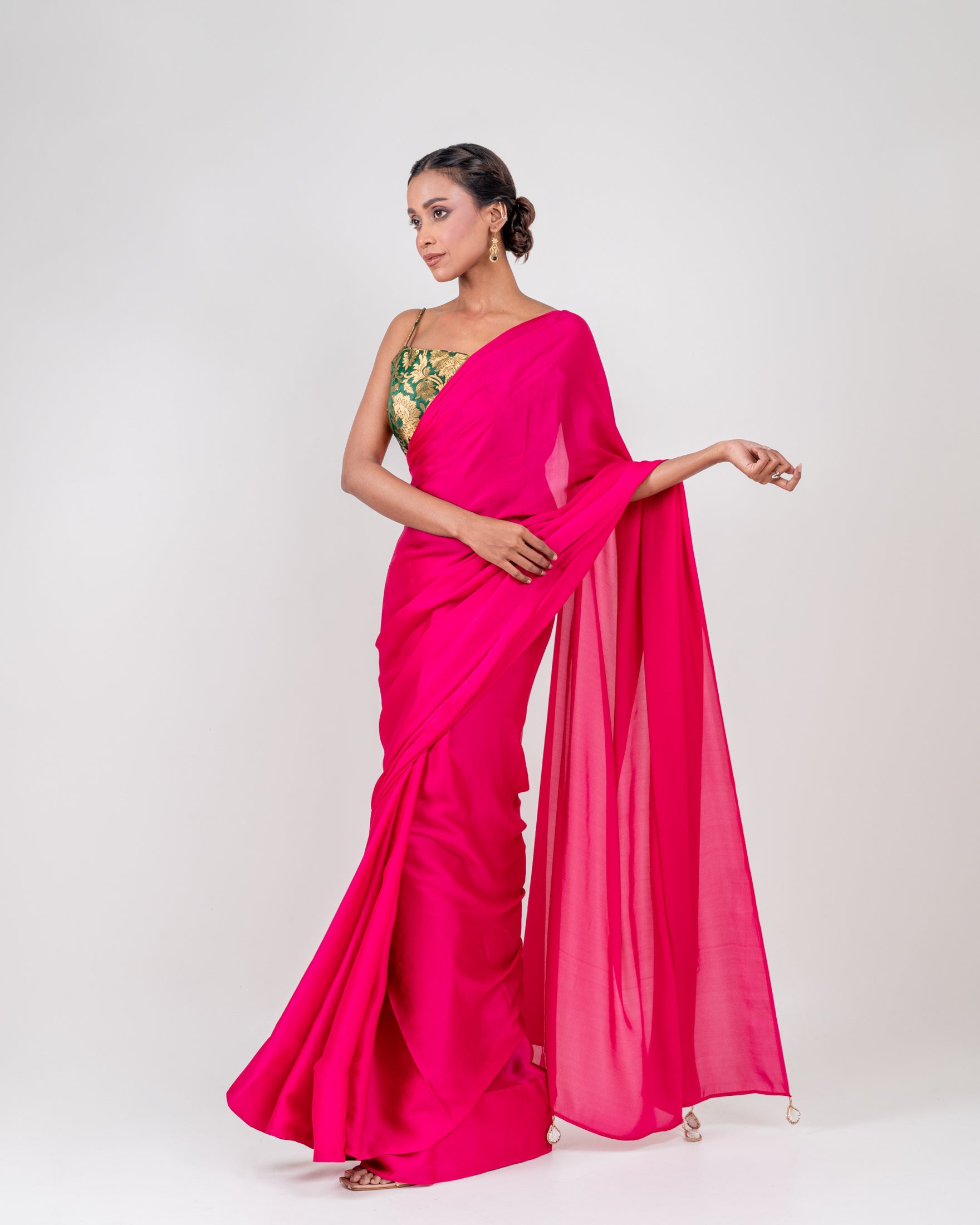 Hot Pink Satin Saree with Handcrafted Mirror Tassels and Matching Satin Blouse Piece