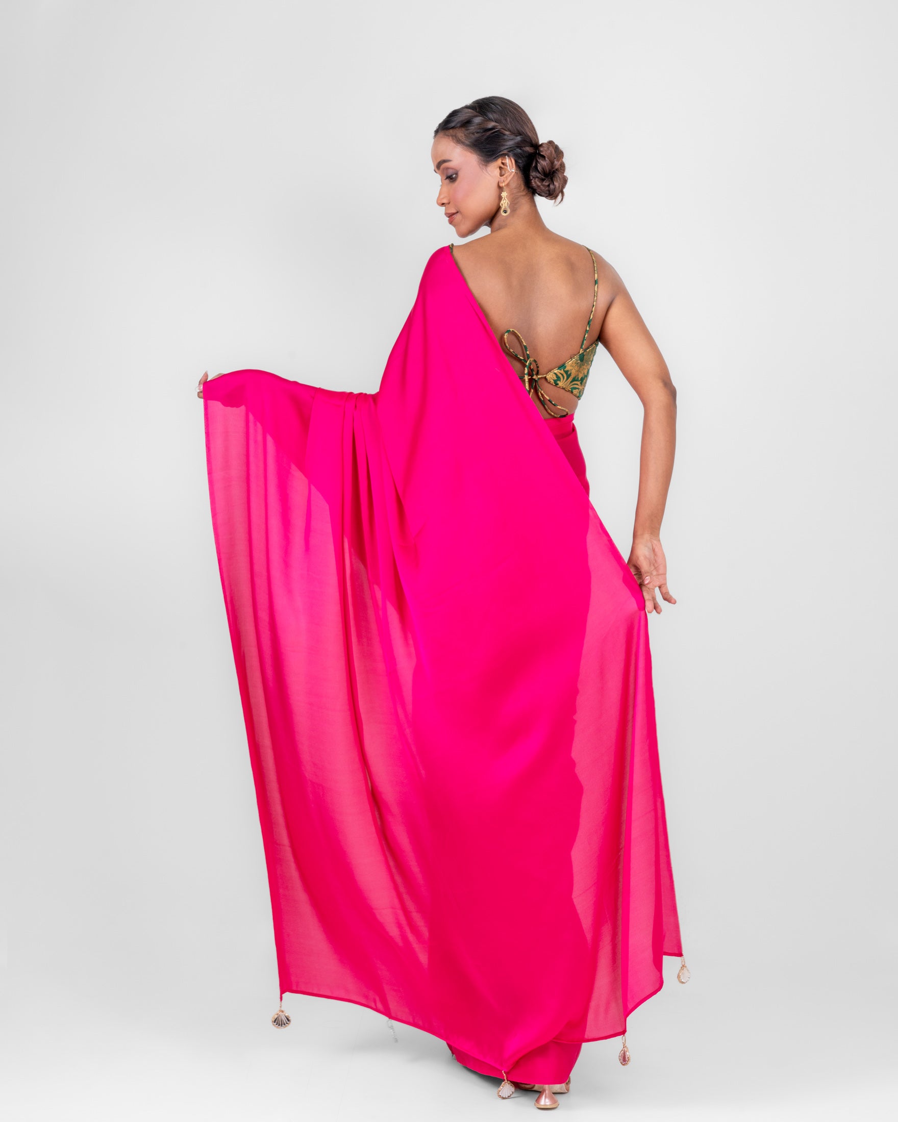 Hot Pink Satin Saree with Handcrafted Mirror Tassels and Matching Satin Blouse Piece