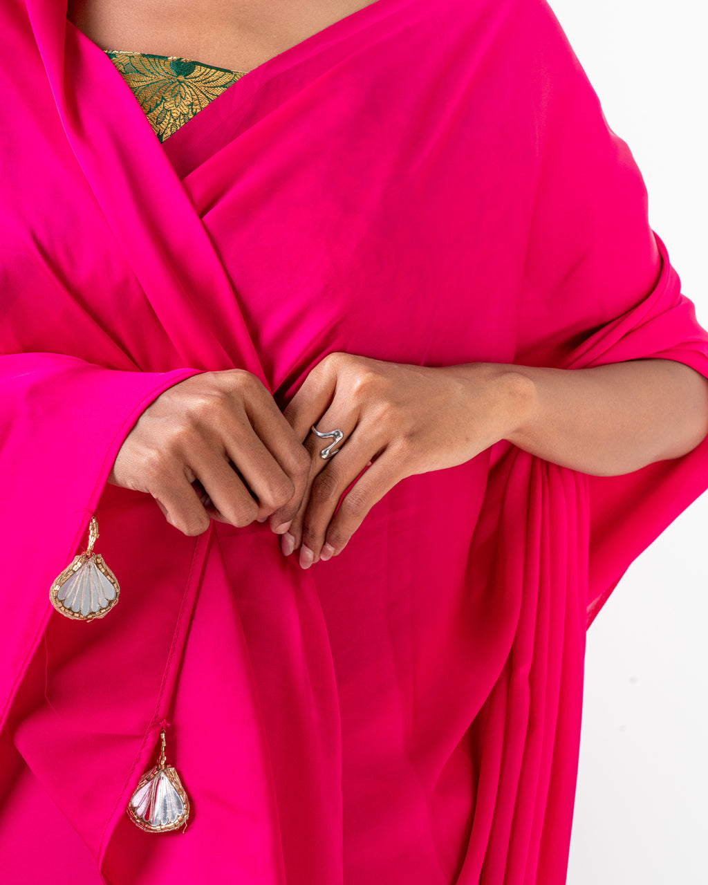Hot Pink Satin Saree with Handcrafted Mirror Tassels and Matching Satin Blouse Piece