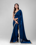 Midnight Blue Burberry Satin Saree with Embroidered Lace Border and Matching Blouse Piece