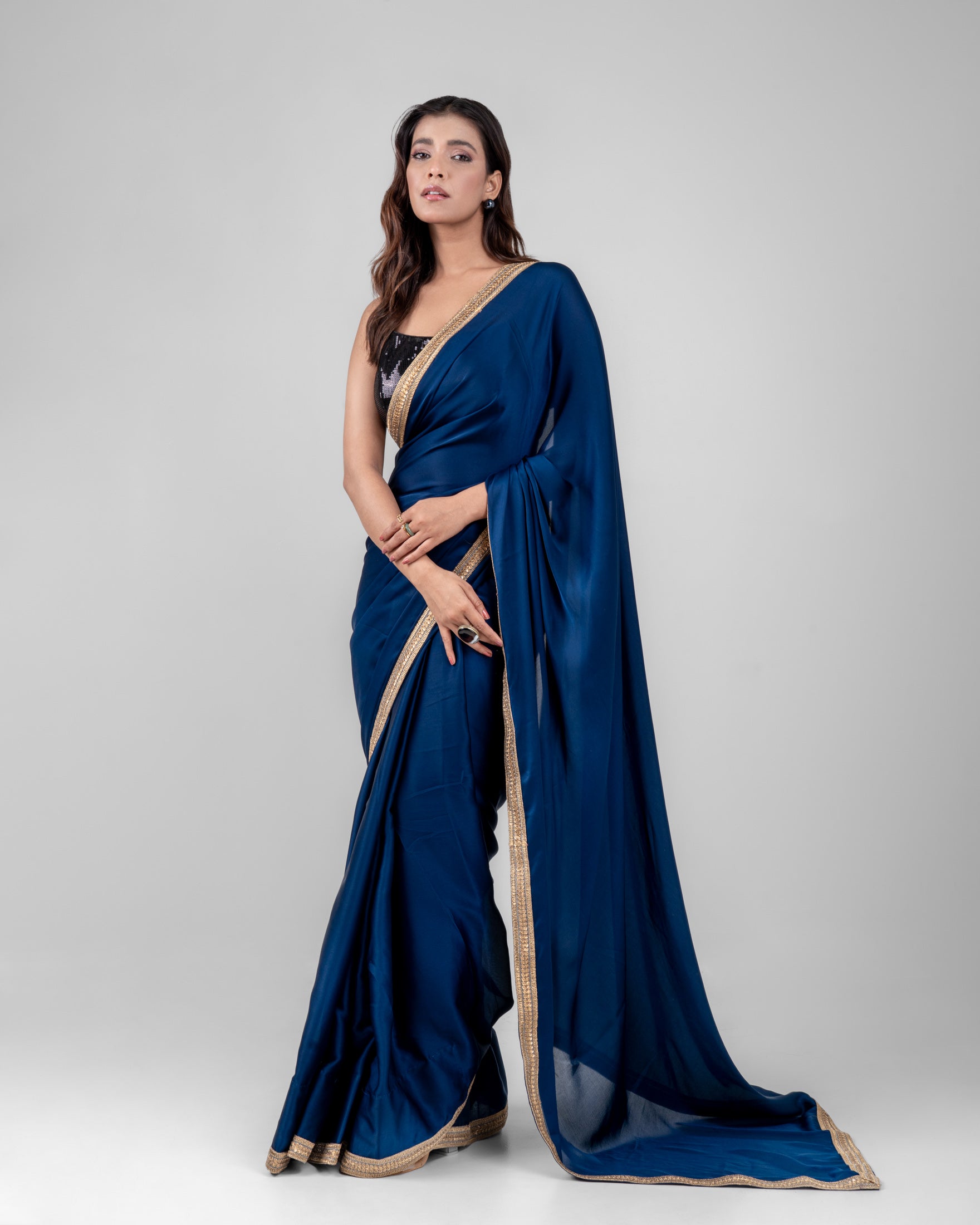 Midnight Blue Burberry Satin Saree with Embroidered Lace Border and Matching Blouse Piece