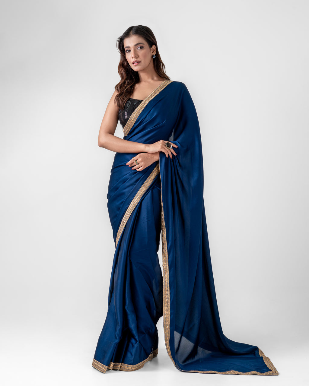 Midnight Blue Burberry Satin Saree with Embroidered Lace Border and Matching Blouse Piece