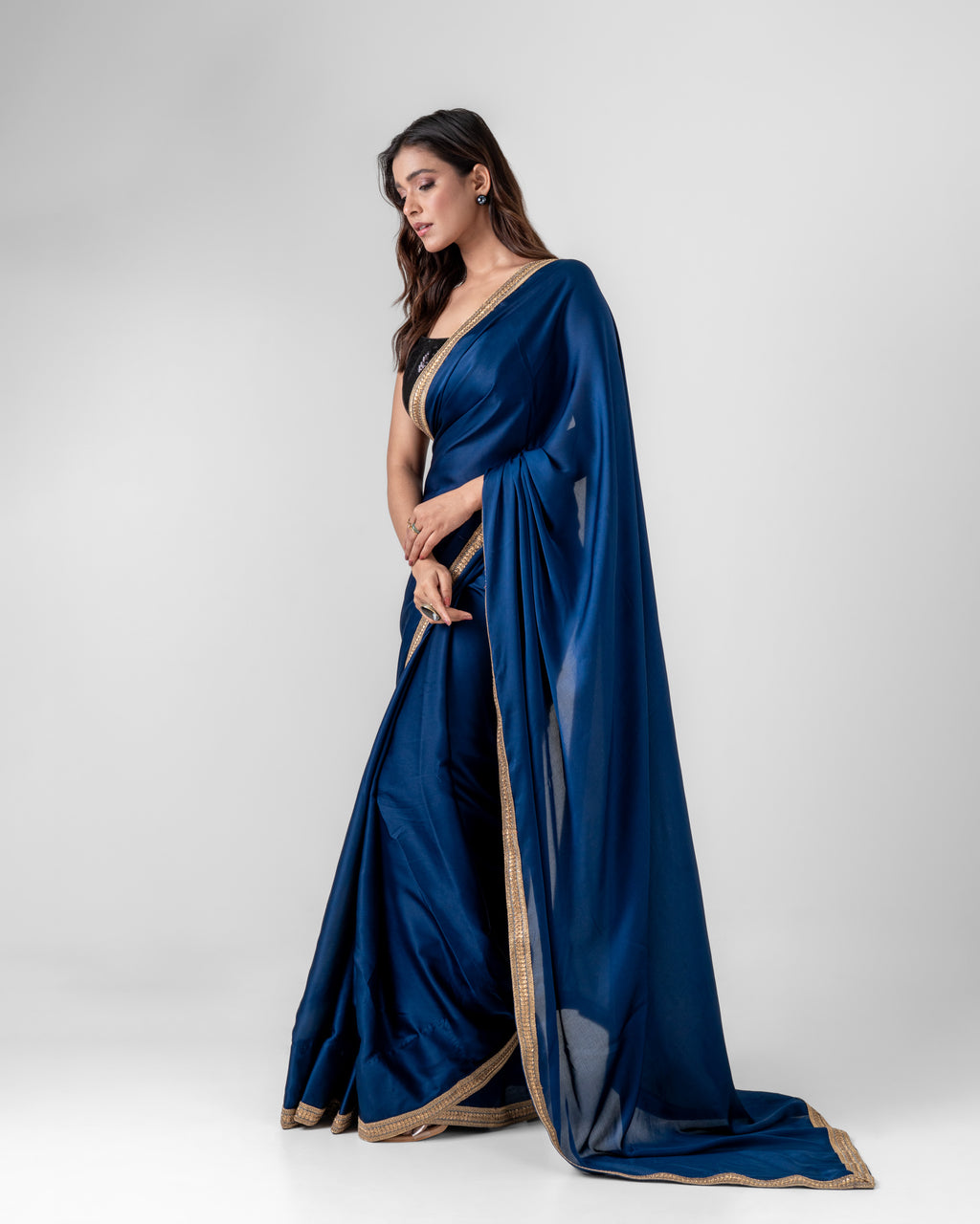 Midnight Blue Burberry Satin Saree with Embroidered Lace Border and Matching Blouse Piece