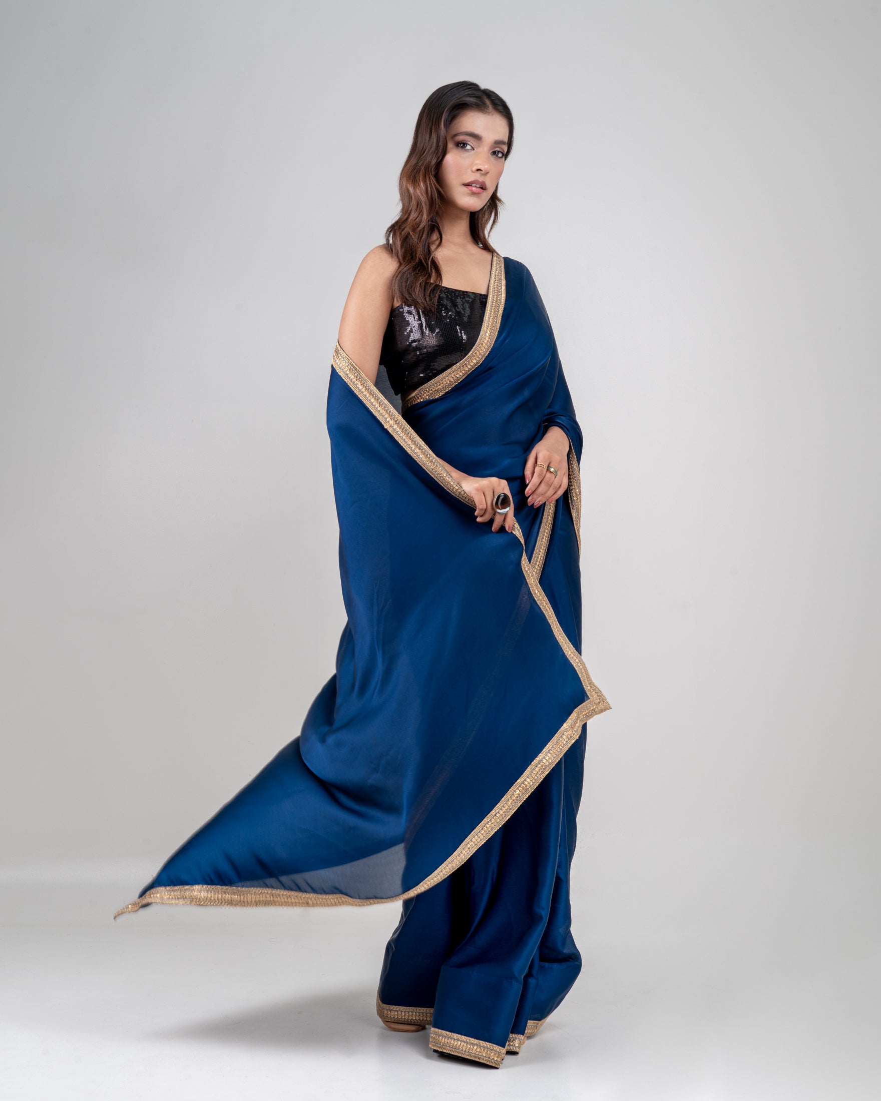 Midnight Blue Burberry Satin Saree with Embroidered Lace Border and Matching Blouse Piece
