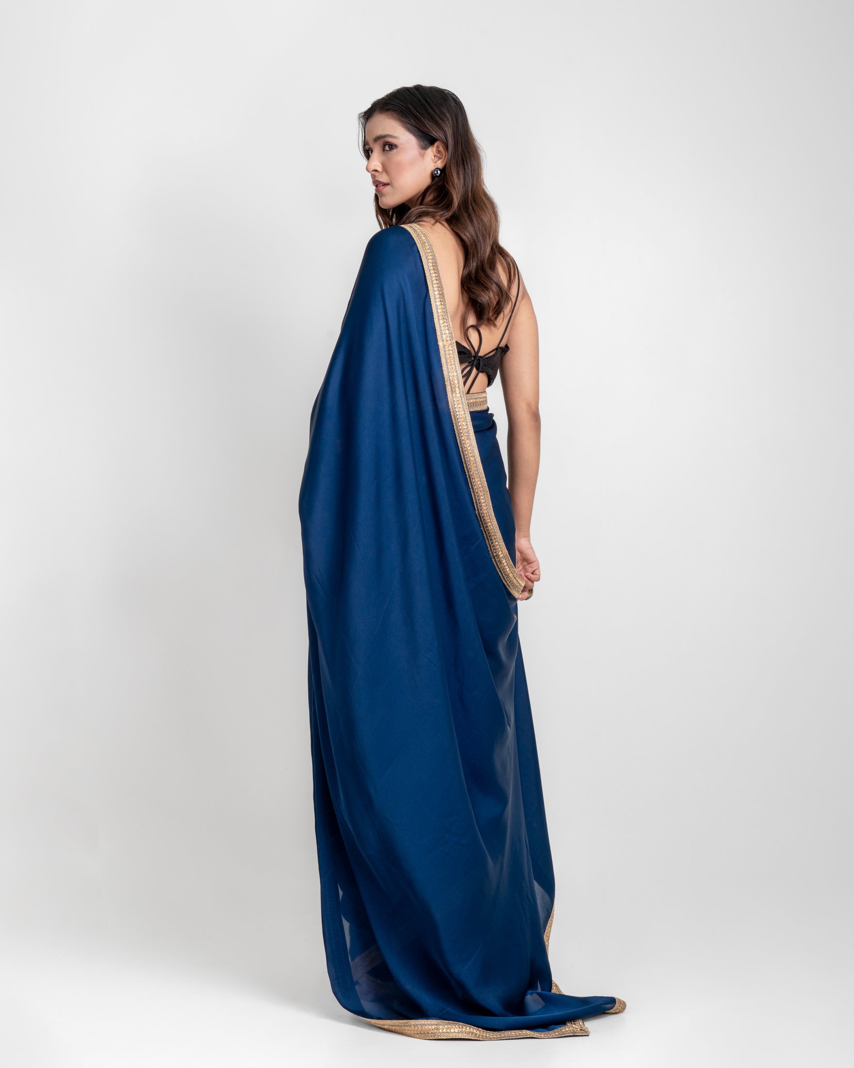 Midnight Blue Burberry Satin Saree with Embroidered Lace Border and Matching Blouse Piece
