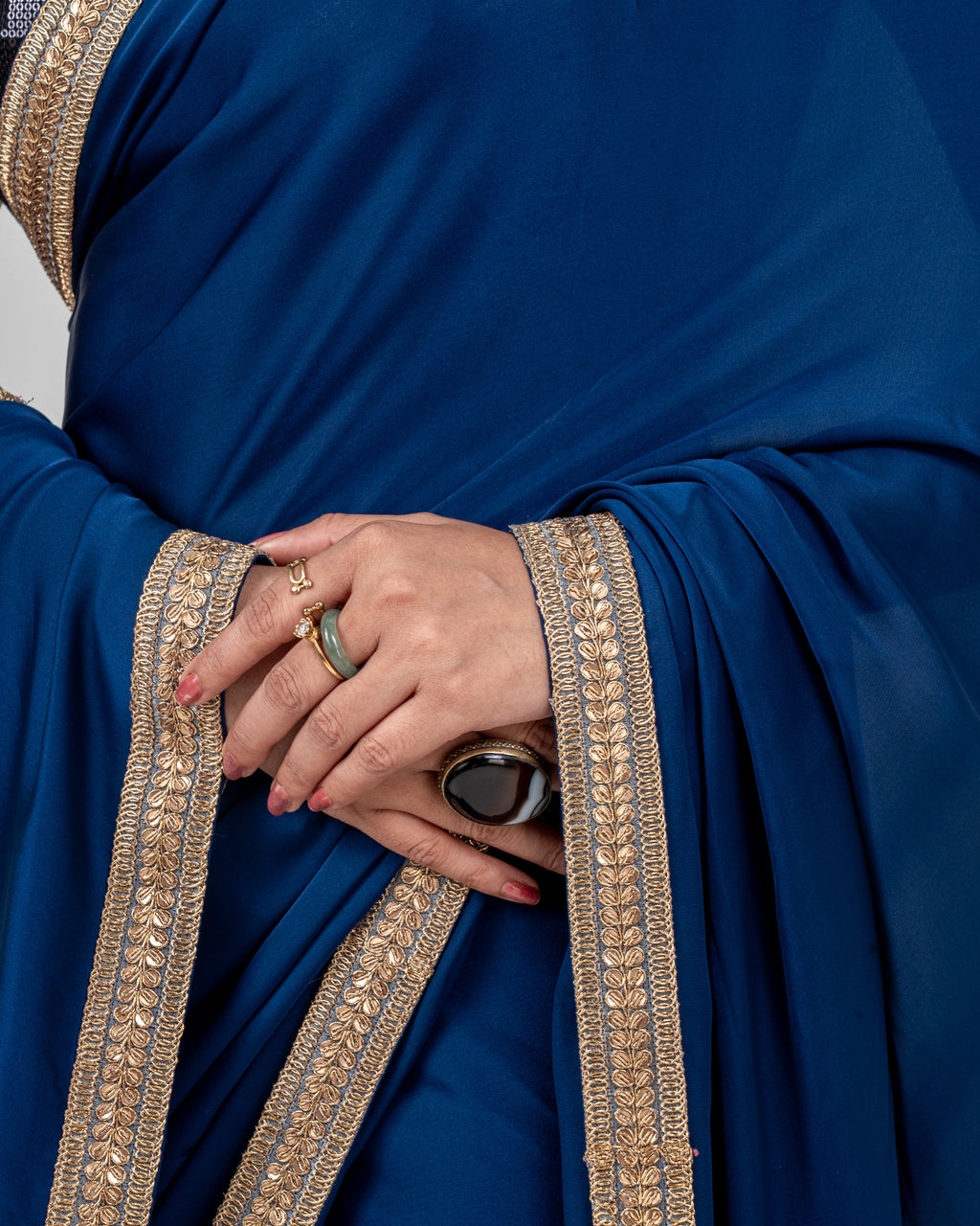 Midnight Blue Burberry Satin Saree with Embroidered Lace Border and Matching Blouse Piece