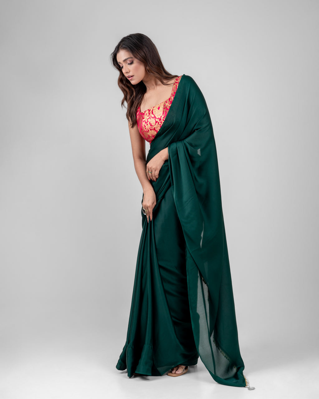Emerald Green Satin Saree with Handcrafted Mother of Pearl Lace Border and Matching Satin Blouse Piece