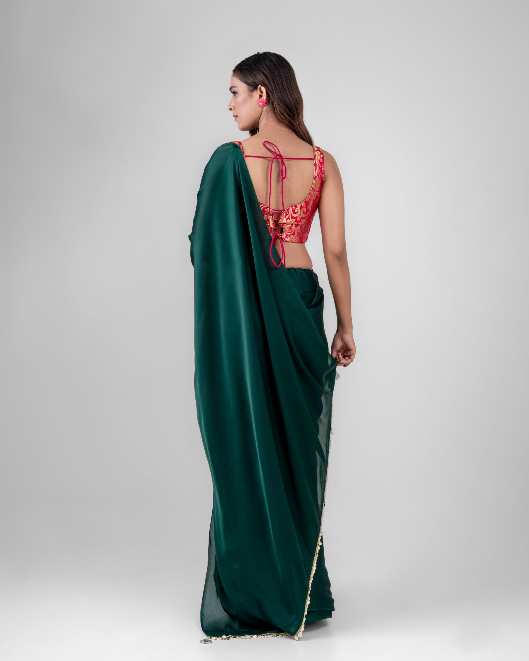 Emerald Green Satin Saree with Handcrafted Mother of Pearl Lace Border and Matching Satin Blouse Piece