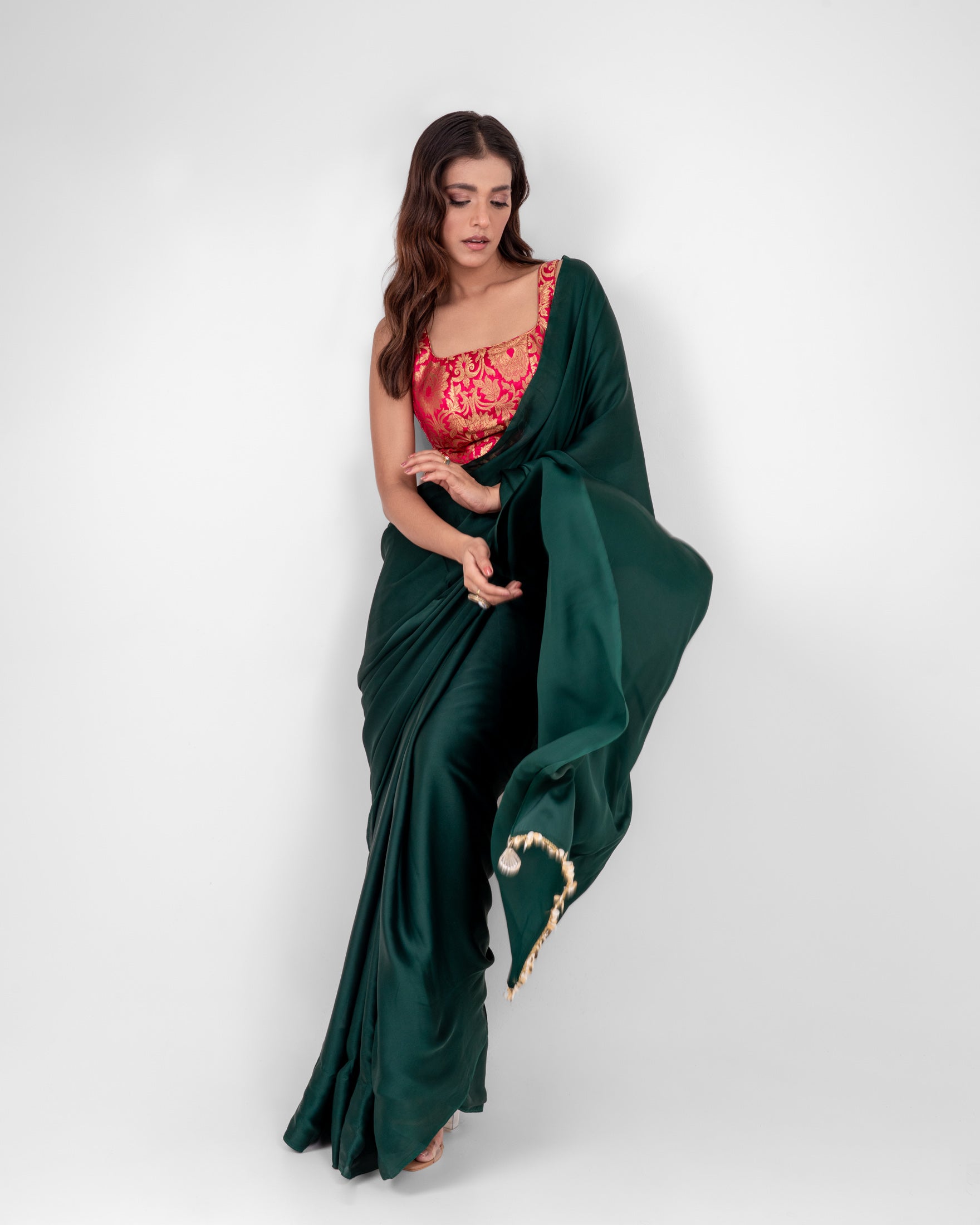 Emerald Green Satin Saree with Handcrafted Mother of Pearl Lace Border and Matching Satin Blouse Piece