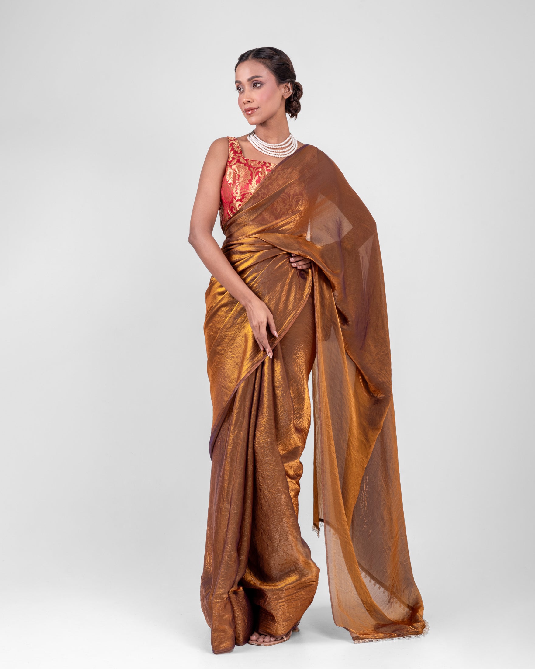 Antique Bronze Fendi Satin Saree with Handcrafted Crystal Drop Lace and Matching Blouse Piece