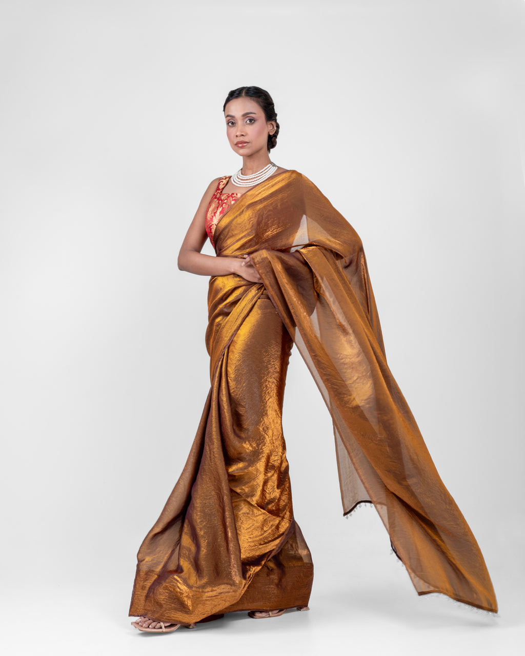 Antique Bronze Fendi Satin Saree with Handcrafted Crystal Drop Lace and Matching Blouse Piece