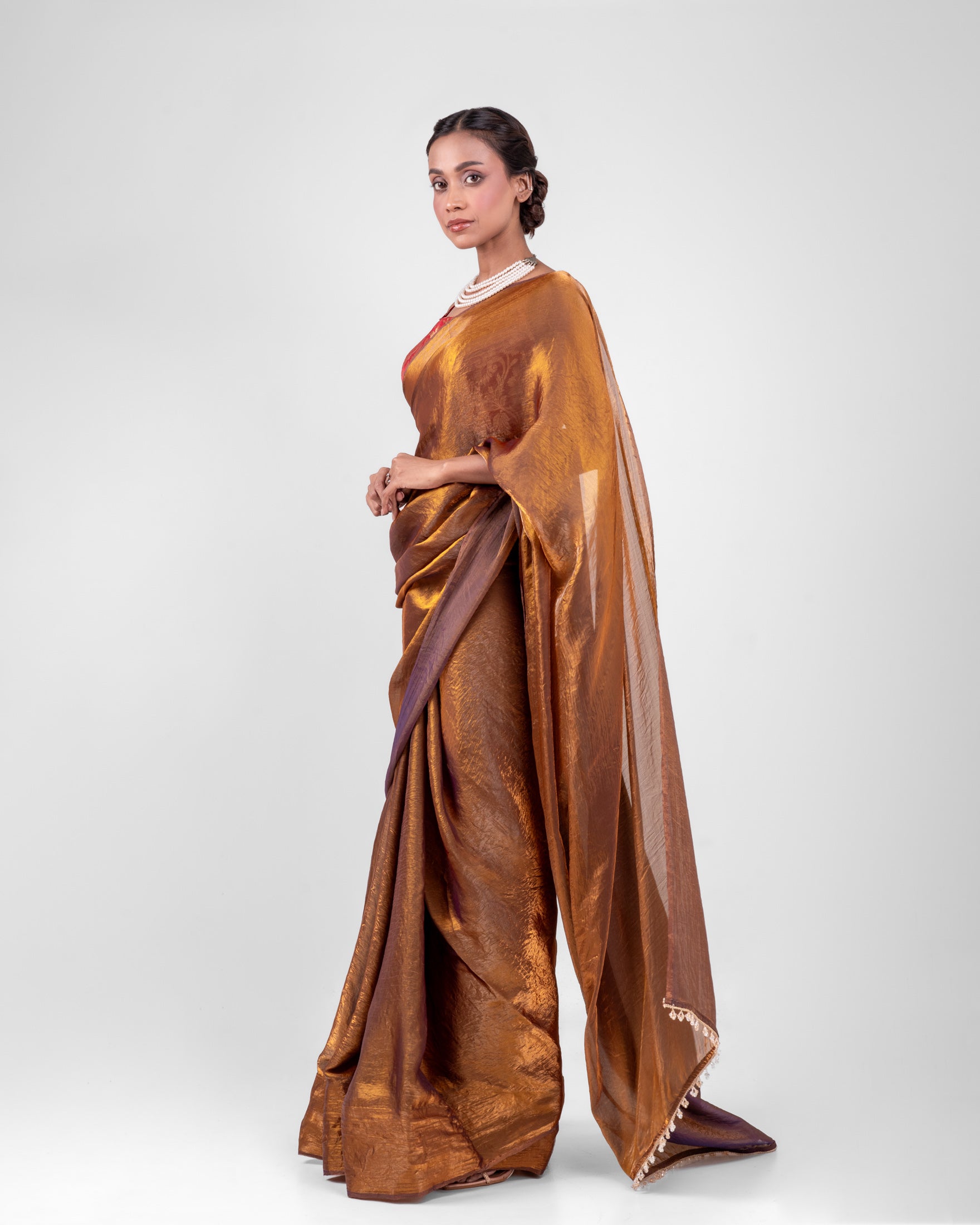 Antique Bronze Fendi Satin Saree with Handcrafted Crystal Drop Lace and Matching Blouse Piece