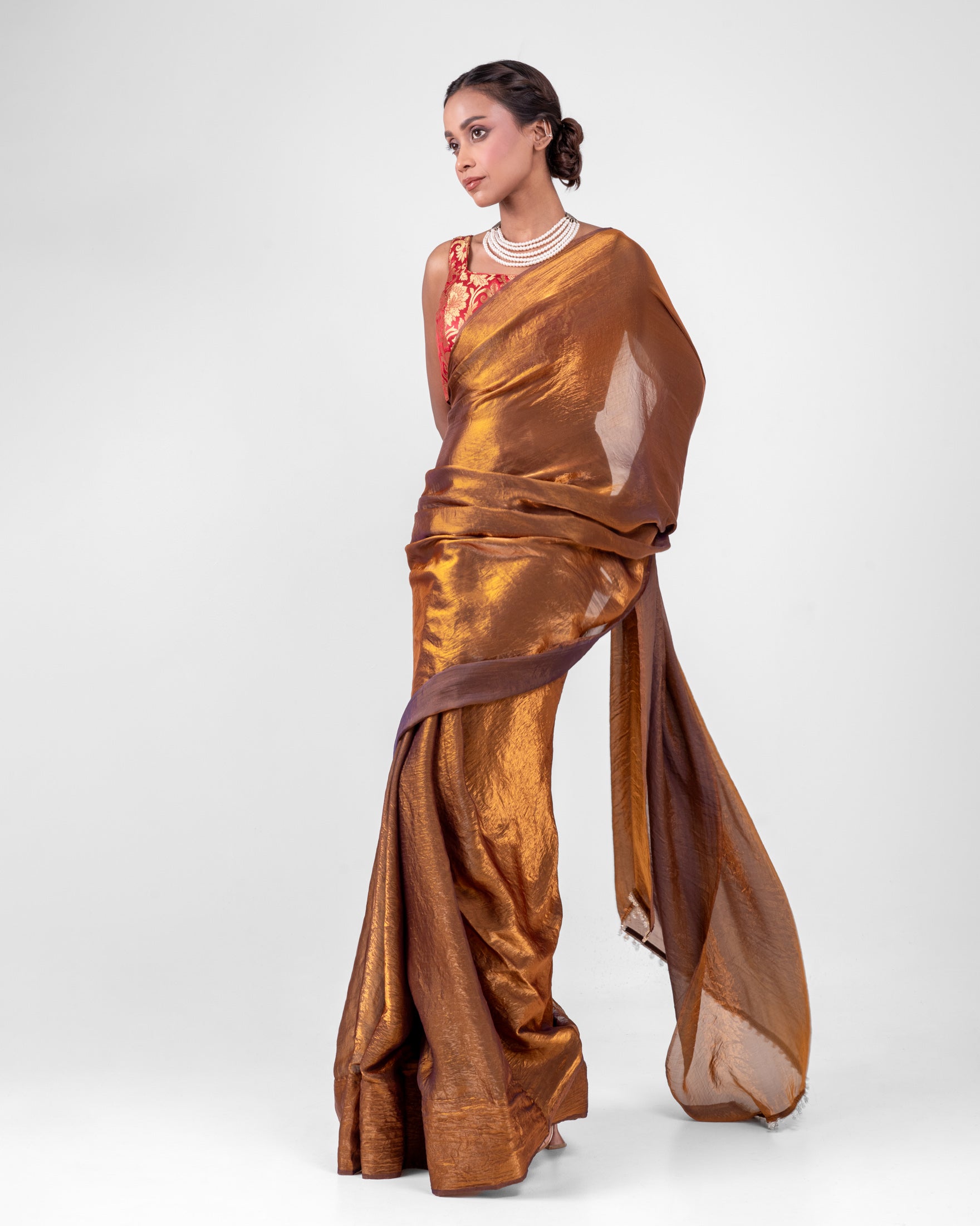 Antique Bronze Fendi Satin Saree with Handcrafted Crystal Drop Lace and Matching Blouse Piece